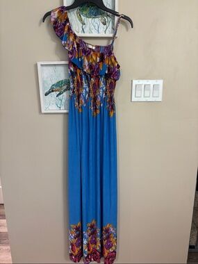Bright Blue One-Shoulder Floral Maxi Dress